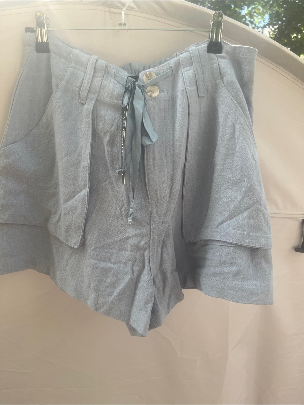 Papermoon Light Blue High-Waist Drawstring Linen-Blend Shorts